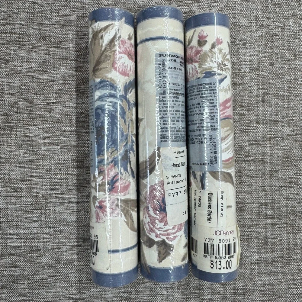 Sunworthy Duchess Border Wallpaper 3 Rolls Blue Pink Floral 15 Yards Total NOS